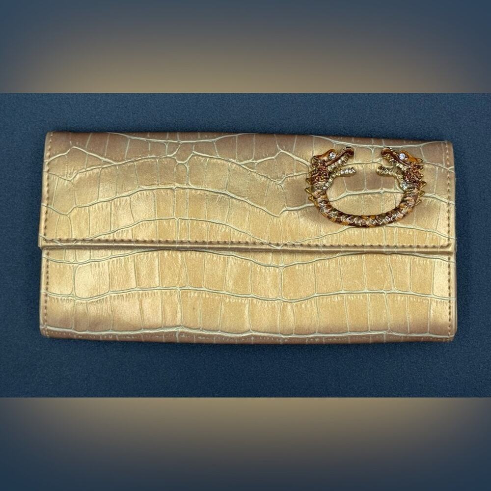 Spring Street Gold Crocodile Embossed Clutch w/ Dragon Rhinestone Motif